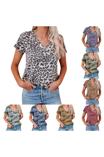 V Neck Leopard Print T Shirt