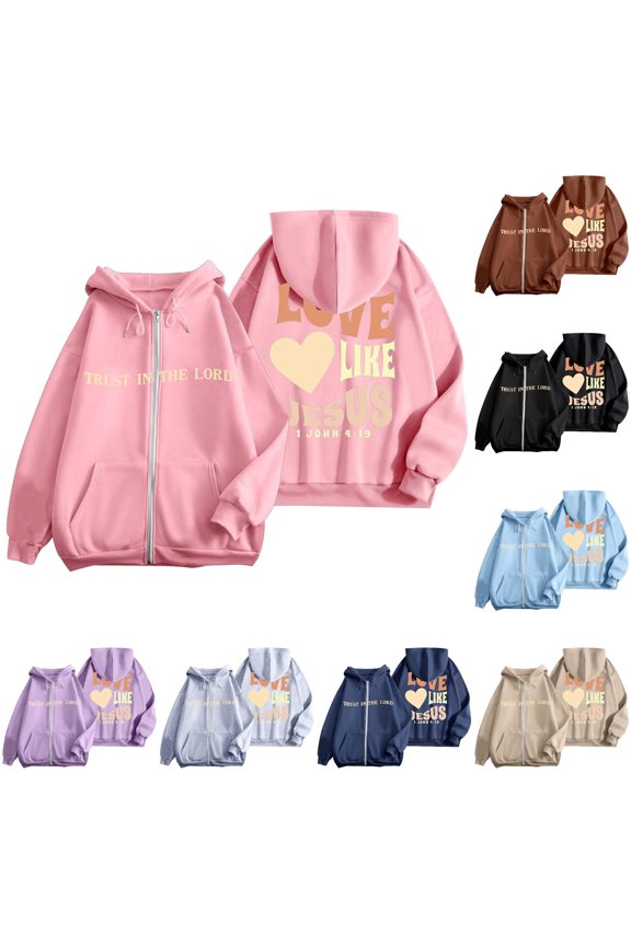 Women Love Like Jesus Coat Letter Print Heart Cross Graphic Full Zip Up Hoodies Fall Winter Fashion Pocket Jacket