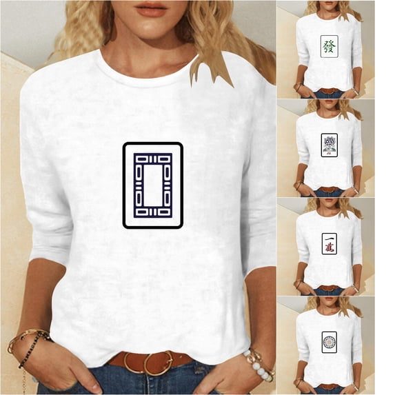 HCYSFG Women Mahjong Graphic Shirt 3/4 Sleeve Crew Neck Slim Fit Print Daily Wear Summer Breathable Soft Tee Comfort Casual Unique Classic Top