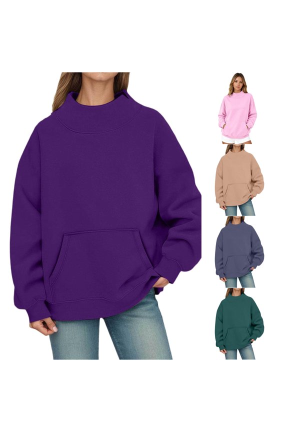 Women Neck Pullover Solid Color Wrap Cross Collar Big Pocket Long Sleeve Sweatshirt Fall Winter Comfy Cozy Loose Fit Top