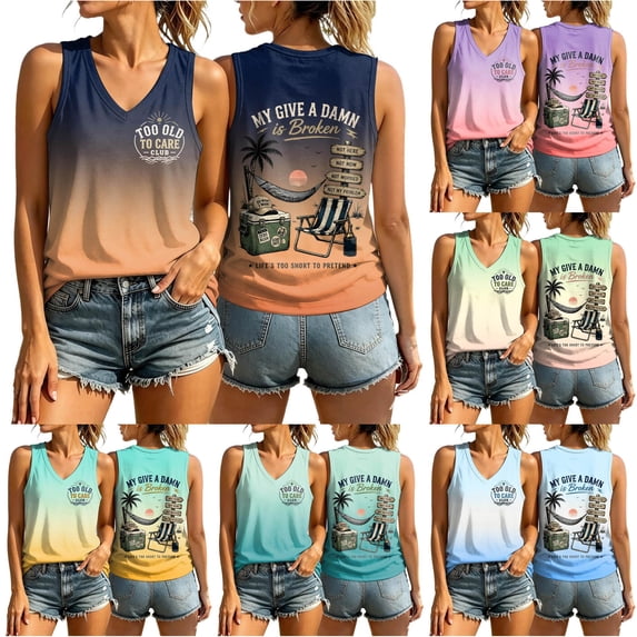 HCYSFG Women My Give A Damn Is Broken Back Graphic Tank Top V Neck Sleeveless Ombre Summer Shirt Funny Saying Beach Vacation Casual Top