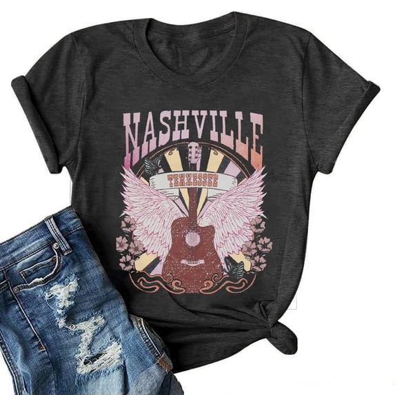 HCYSFG Women Nashville Tennessee Guitar Tee Retro Country Music Graphics Top Classic Vintage Distressed Rock Concert Style T-Shirt