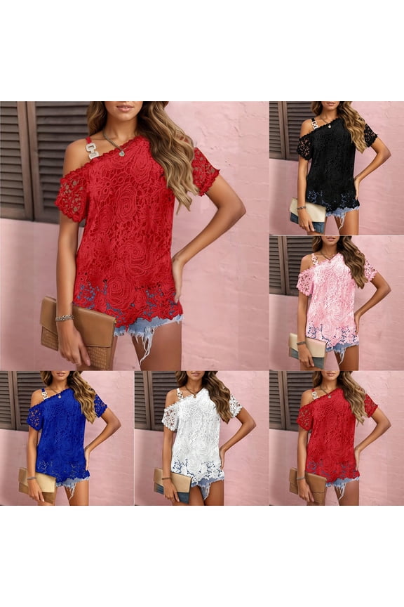 Women One Shoulder Lace Blouse Short Sleeve Off Shoulder Top Loose Fit Patchwork Elegant Solid Color Summer Shirt