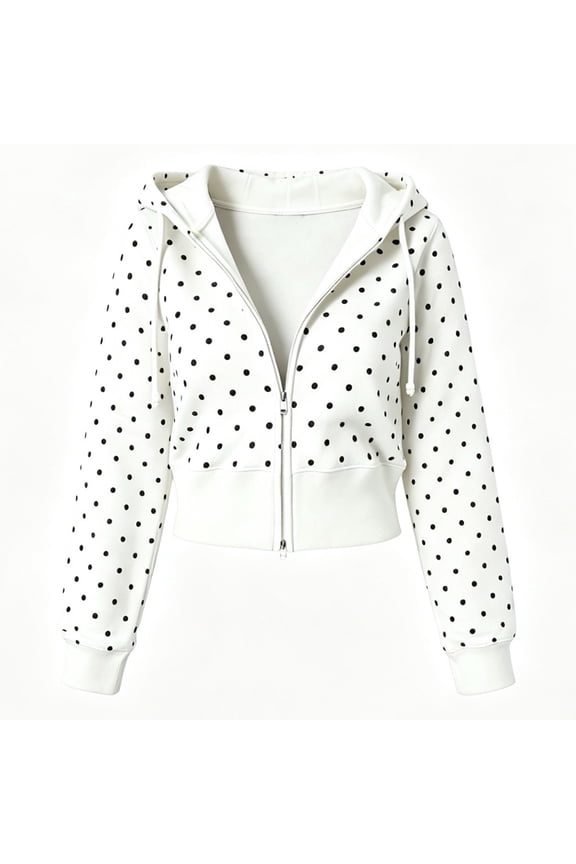 Women Polka Dot Print Hoodie Oversized Long Sleeve Full Zip Up Sweatshirt Fall Winter Fashion Comfort Short Crop Lounge Jacket