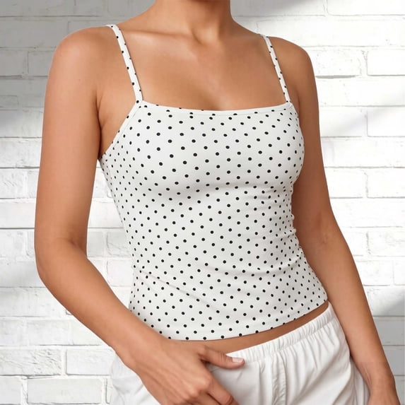 HCYSFG Women Polka Dot Print Tank Top Square Neck Spaghetti Strap Sleeveless Slim Fit Cami Weekend Casual Wear Basic Top