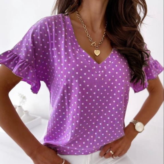 HCYSFG Women Polka Dot Top Ruffle Sleeve V Neck Short Sleeve Relaxed Fit Tee Casual Wear Daily Wear Weekend Wear T Shirt