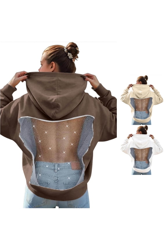 Women Rhinestone Mesh Hoodie Long Sleeve Sweatshirt Backless Sparkly Fishnet Cutout Casual Loose Fall Winter Pullover Top
