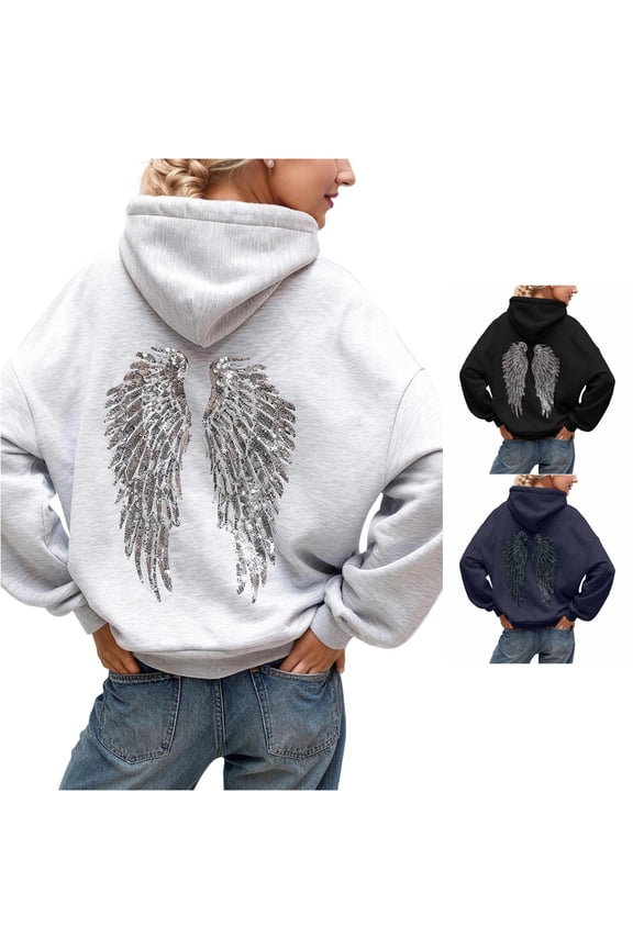 Women Sequin Angel Wings Hoodie Long Sleeve Sweatshirt Backless Graphic Shiny Detail Casual Loose Fall Winter Pullover Top