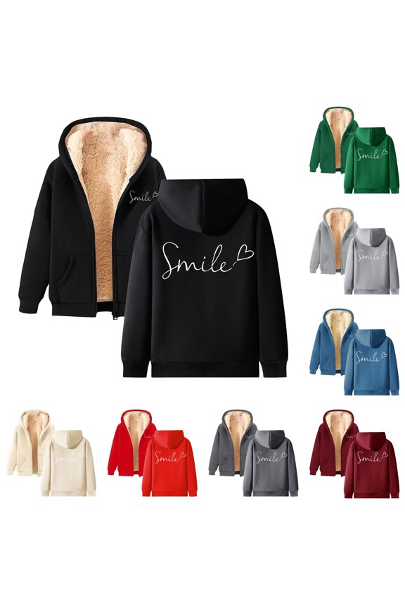 Women Smile Letter Print Coat Fleece Full Zip Up Winter Long Sleeve Hoodies Daily Loose Pocket Casual Jacket