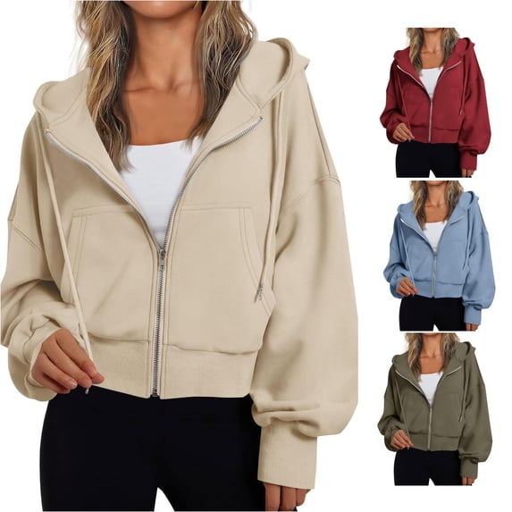 HCYSFG Women Solid Color Coat Full Zip Cropped Fit Drawstring Long Sleeve Hoodies Plain With Pockets Sporty Winter Sweatshirt Jacket