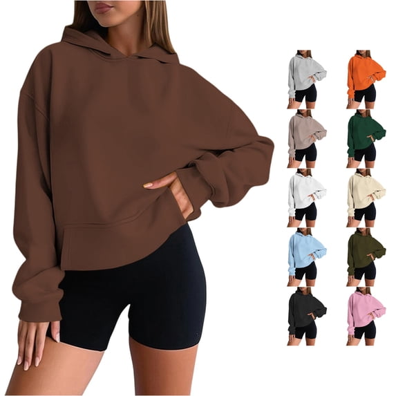 HCYSFG Women Solid Color Hoodies Cropped Length Drop Shoulder Drawstring Long Sleeve Casual Sweatshirt Loose Fall Winter Top