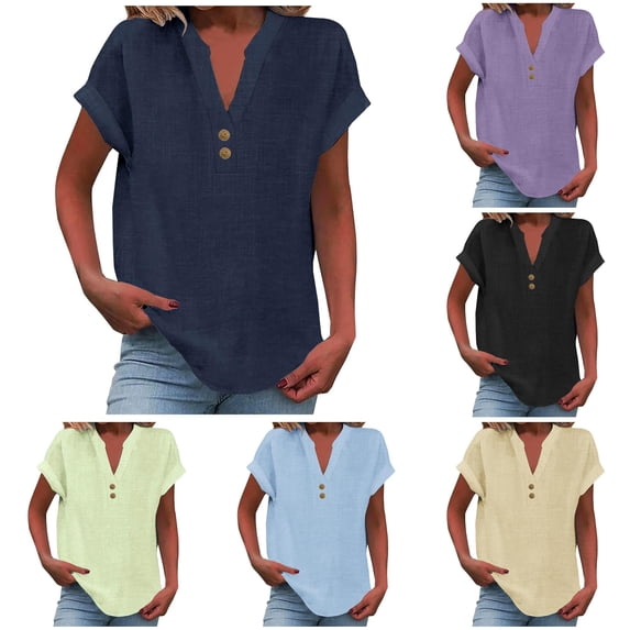 HCYSFG Women Solid Color Tee Casual Regular Fit Short Sleeve Top Classic Notch Neck Button Loose Summer Beach Holiday Casual Wear T-Shirt