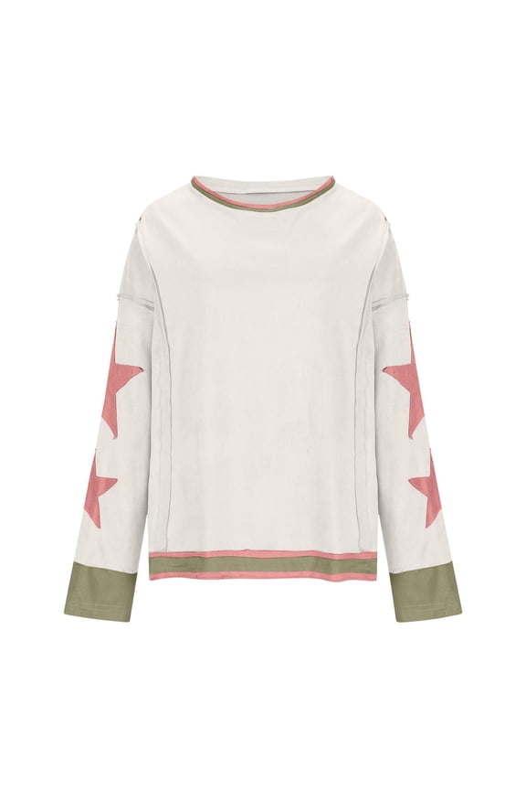 Women Star Patchwork Sweatshirt Crewneck Long Sleeve Pullover Raw Hem Color Block Casual Loose Fall Winter Top