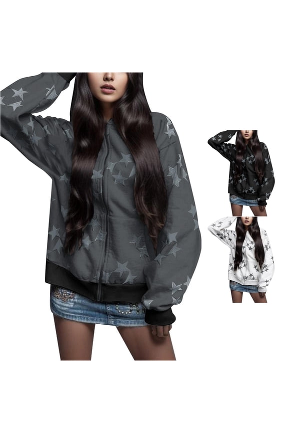 Women Star Print Coat Full Zip Long Sleeve Hoodies Y2K Oversized Loose Fit Jacket Fall Winter Fashion Sweatshirt Jacket
