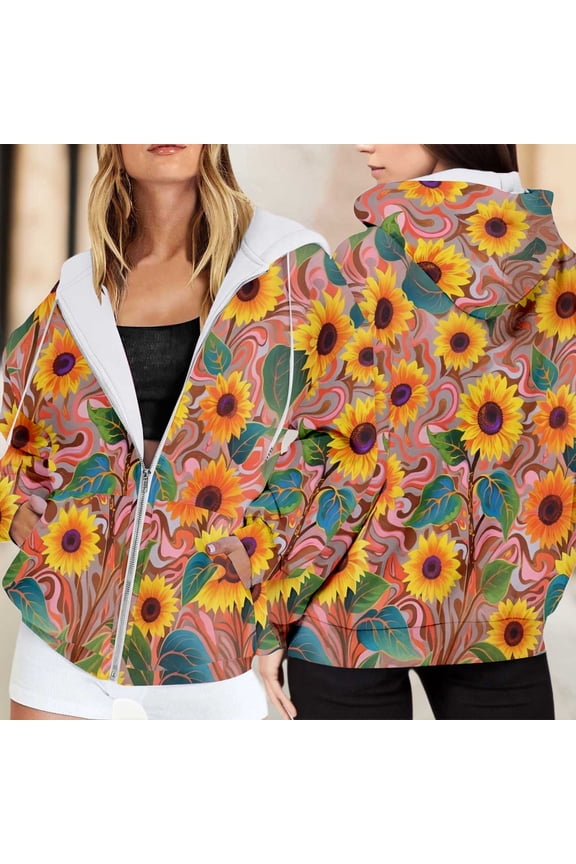 Women Sunflower Floral Graphic Coat Full Zip Long Sleeve Hoodies Fall Winter Fashion Loose Lounge Jacket