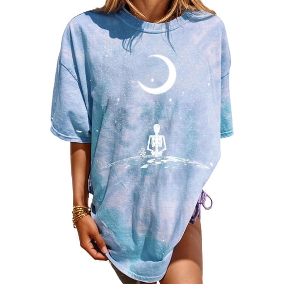 HCYSFG Women Tie Dye Moon Skeleton Tee Fashion Oversized Loose Fit Crewneck Top Classic Mystical Gothic Summer Beach Outfit T-Shirt