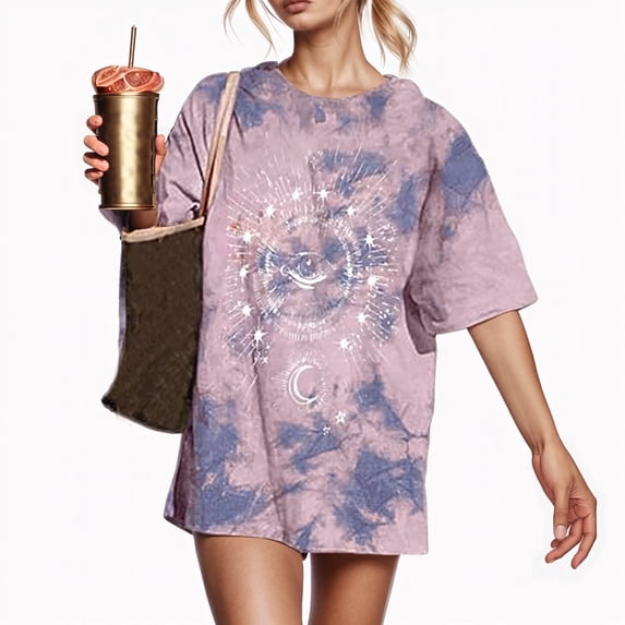 HCYSFG Women Tie Dye Third Eye Tee Fashion Oversized Loose Fit Crewneck Top Classic Celestial Moon Boho Music Festival Outfit T-Shirt