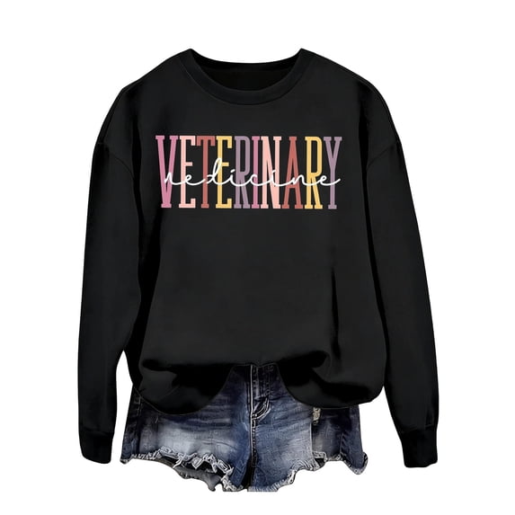 HCYSFG Women Veterinary Medicine Letter Print Sweatshirt Long Sleeve Crewneck Pullover Fall Winter Casual Loose Fit Sporty Top