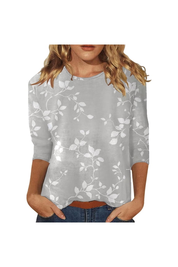 Women's 3/4 Sleeve Top Grey Botanical Branch Leaves Print Casual Tunic Crew Neck Loose Fit Comfortable Cotton Blend Shirt for Women