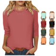 thumbnail image 1 of HCYSFG Women's 3/4 Sleeve Top with Plain Design Crewneck Casual T Shirt Solid Color Loose Fit Pullover Layering Base Chic Tee, 1 of 5