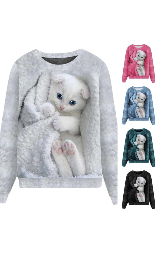Women's 3D Cat Sweatshirt Pullover Cute Kitten Graphic Print Long Sleeve Casual Everyday Wear Loose Fall Winter Top