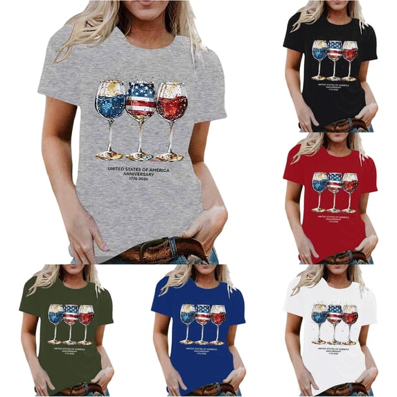 HCYSFG Women's 4th of July Top Crewneck Short Sleeve Glass Graphic Fashion 250th Anniversary USA T Shirts Patriotic Summer Activewear Tee