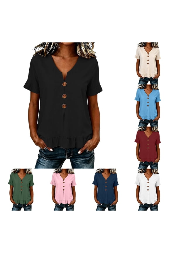 Women's Button Up Ruffle Top Ladies Casual Notch Neck T Shirt Summer Short Sleeve Plain Loose Fit Solid Pullover Comfy Everyday Tee