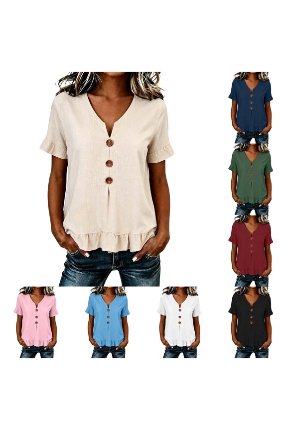 Women's Button Up Ruffle Top Ladies Casual Notch Neck T Shirt Summer Short Sleeve Plain Loose Fit Solid Pullover Comfy Everyday Tee