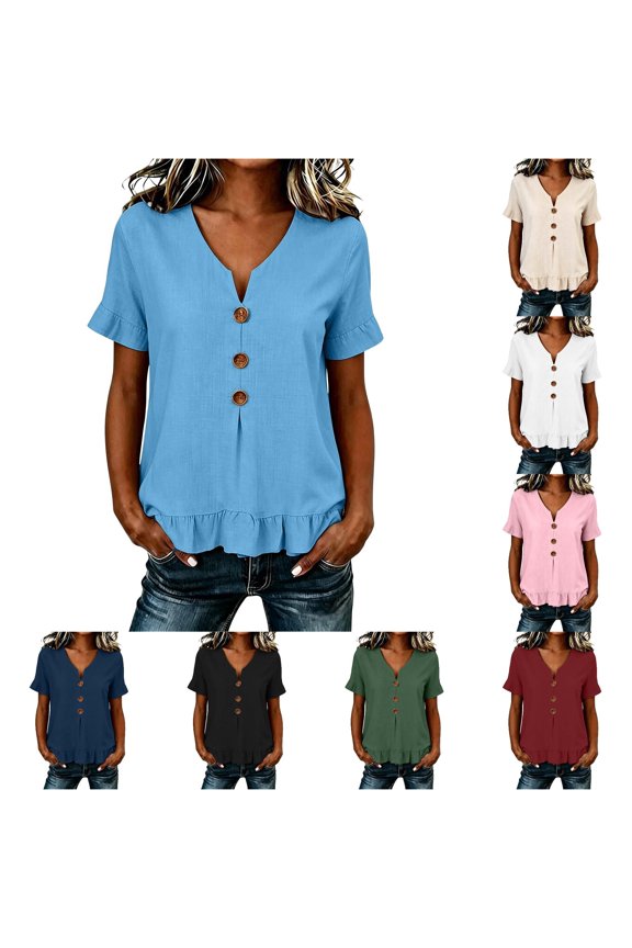 Women's Button Up Ruffle Top Ladies Casual Notch Neck T Shirt Summer Short Sleeve Plain Loose Fit Solid Pullover Comfy Everyday Tee