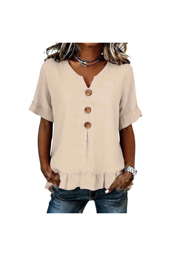 Women's Button Up Ruffle Top Ladies Casual Notch Neck T Shirt Summer Short Sleeve Plain Loose Fit Solid Pullover Comfy Everyday Wear Tee