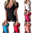 thumbnail image 1 of HCYSFG Women's Casual Fitted T Shirts Deep V-Neck Short Sleeve Plain Solid Color Form Fitting Slim Activewear Top Summer Base Layer Classic Basics Everyday Tee, 1 of 5