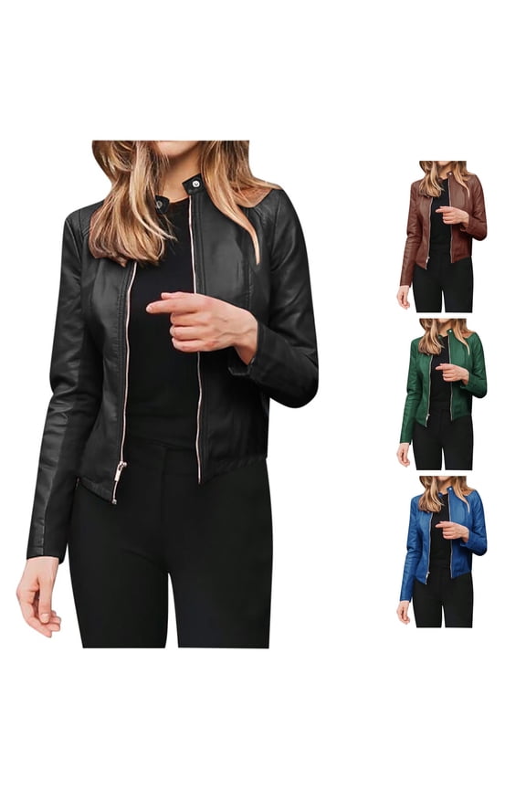 Women's Casual Moto Faux Leather Jacket Long Sleeve Stand Collar Zip Up Slim Coat Chic Warm Bikers Punk Style Top