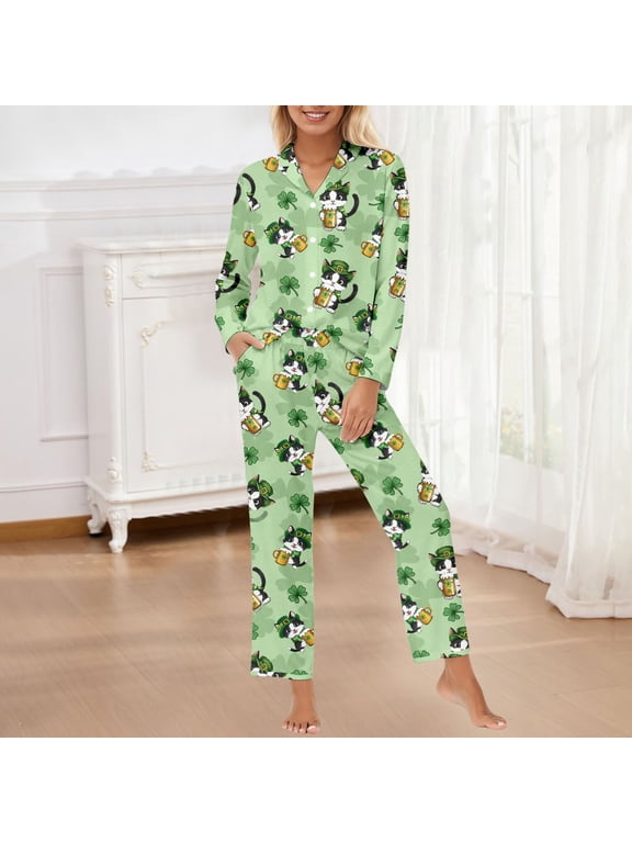 Women's Cat Clover Printed Pajama Sets 2 Piece Notch Neck Sleepwear Relaxed Fit Long Sleeve Button Down Shirt With Pocket Pants Lounge Set