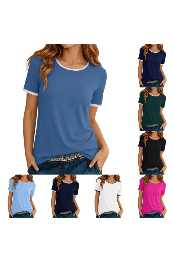 Women's Contrast Ringer Minimalist Plain Top Ladies Casual Short Sleeve T Shirt Summer Slim Fit Basic Crewneck Comfy Everyday Active Tee