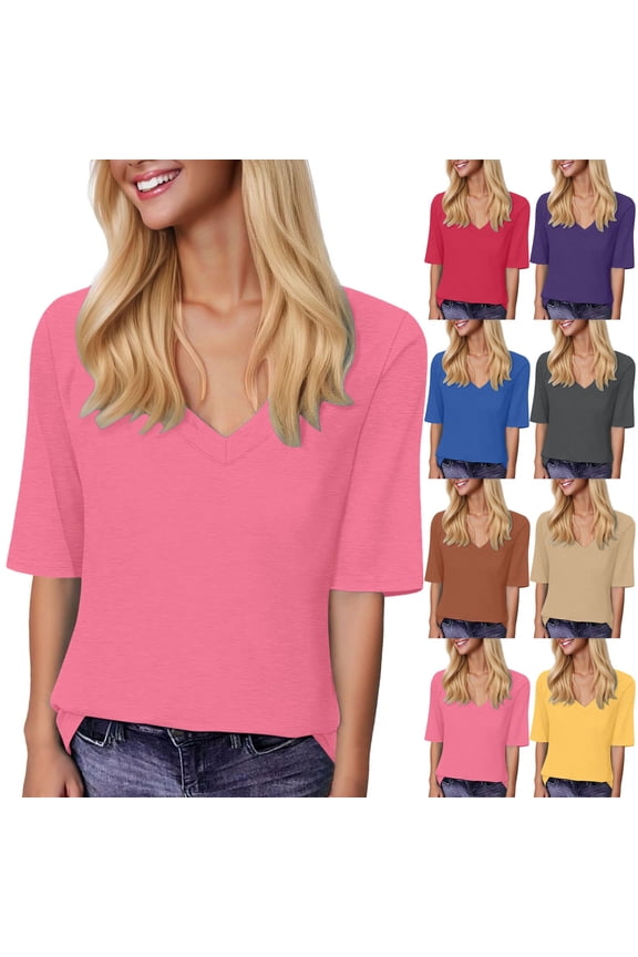 Women's Deep V Neck T-Shirt Half Sleeve Solid Color Casual Top Summer Soft Relaxed Fit Tee Elbow Sleeve Cotton Blend Basic Pullover