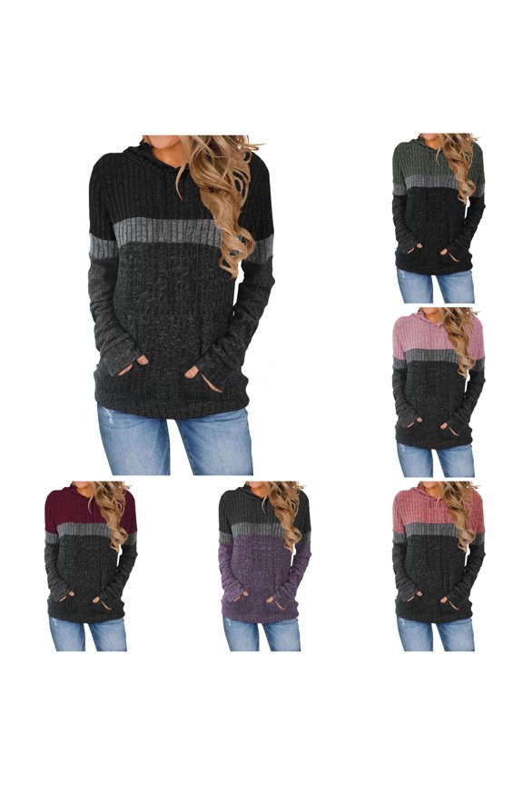 Women's Drawstring Hoodie Color Block Striped Knit Pattern Pullover Long Sleeve Casual with Pockets Everyday Wear Loose Fall Winter Top