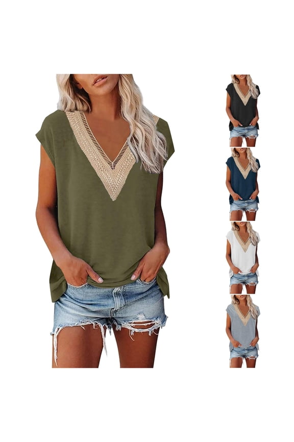 Women's Elegant Crochet Lace Blouse Short Sleeve V-Neck Floral Patchwork Top Relaxed Fit Casual Summer Fashion Shirt
