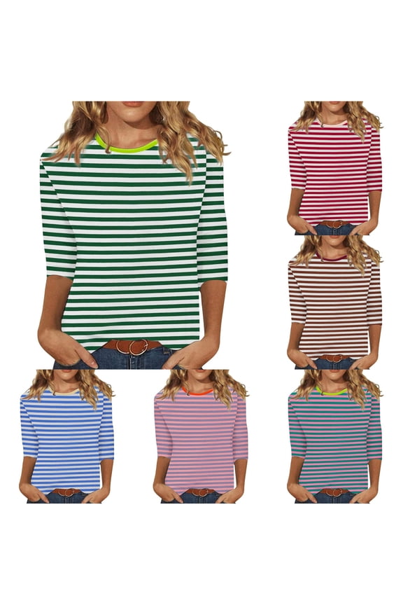 Women's Fashion Striped Tee Crewneck 3/4 Sleeve Colorful Horizontal Stripes Activewear T Shirts Summer Vacation Casual Outerwear Loose Top