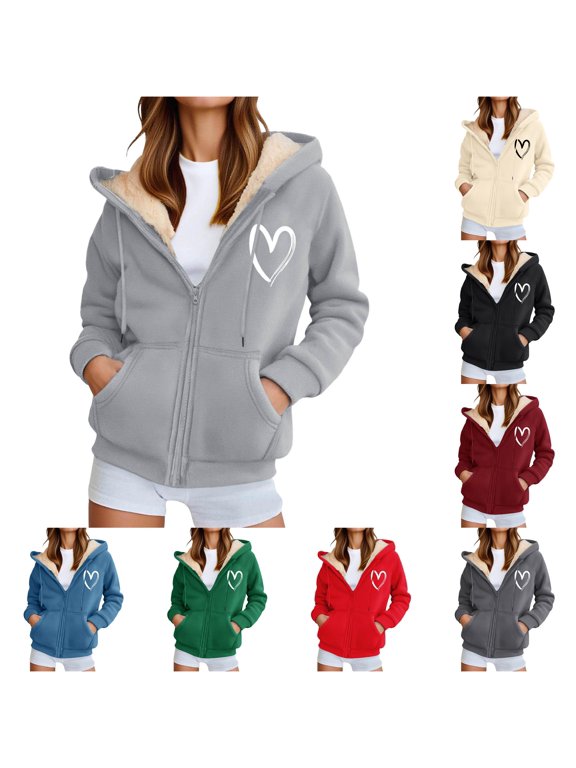 Women's Heart Hoodie Full Zip Graphic Print Jacket Long Sleeve Casual with Pockets Everyday Wear Loose Fall Winter Coat