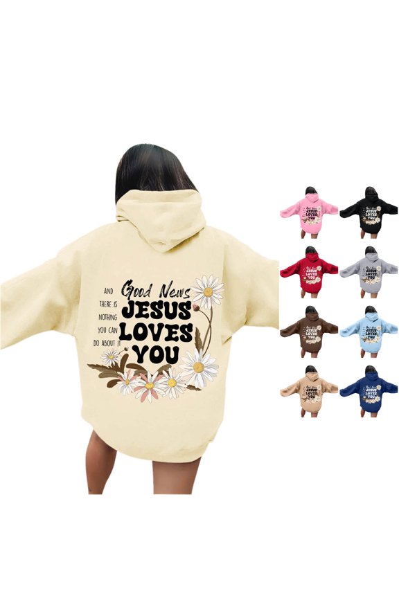 Women's Jesus Loves You Hoodie Drawstring Daisy Flower Sweatshirt Back Print Long Sleeve Casual Everyday Wear Loose Fall Winter Pullover