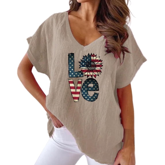 HCYSFG Women's LOVE Sunflower Flag Printed Top Patriotic 4th of July Summer Casual Short Sleeve V Neck Blouse 250th Anniversary USA Shirt