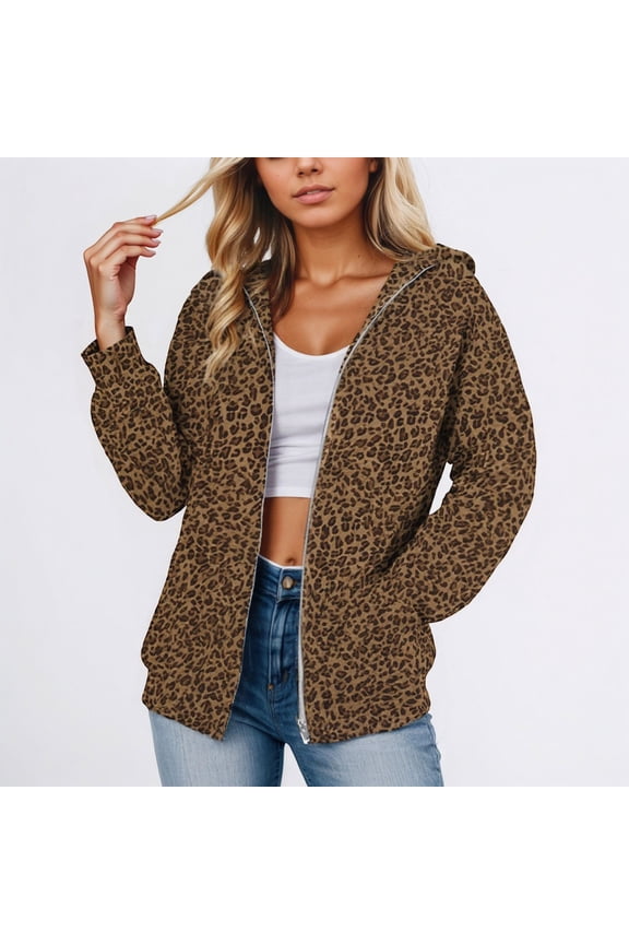 Women's Leopard Hoodie Full Zip Animal Pattern Jacket Drawstring Long Sleeve Casual with Pockets Fall Winter Coat