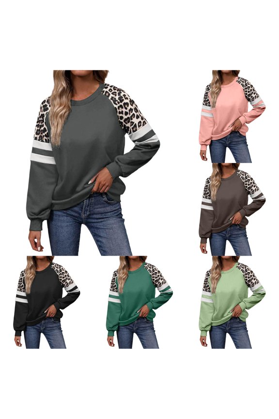 Women's Leopard Print Sweatshirt Color Block Raglan Sleeve Crewneck Pullover Long Sleeve Loose Fit Fall Winter Top