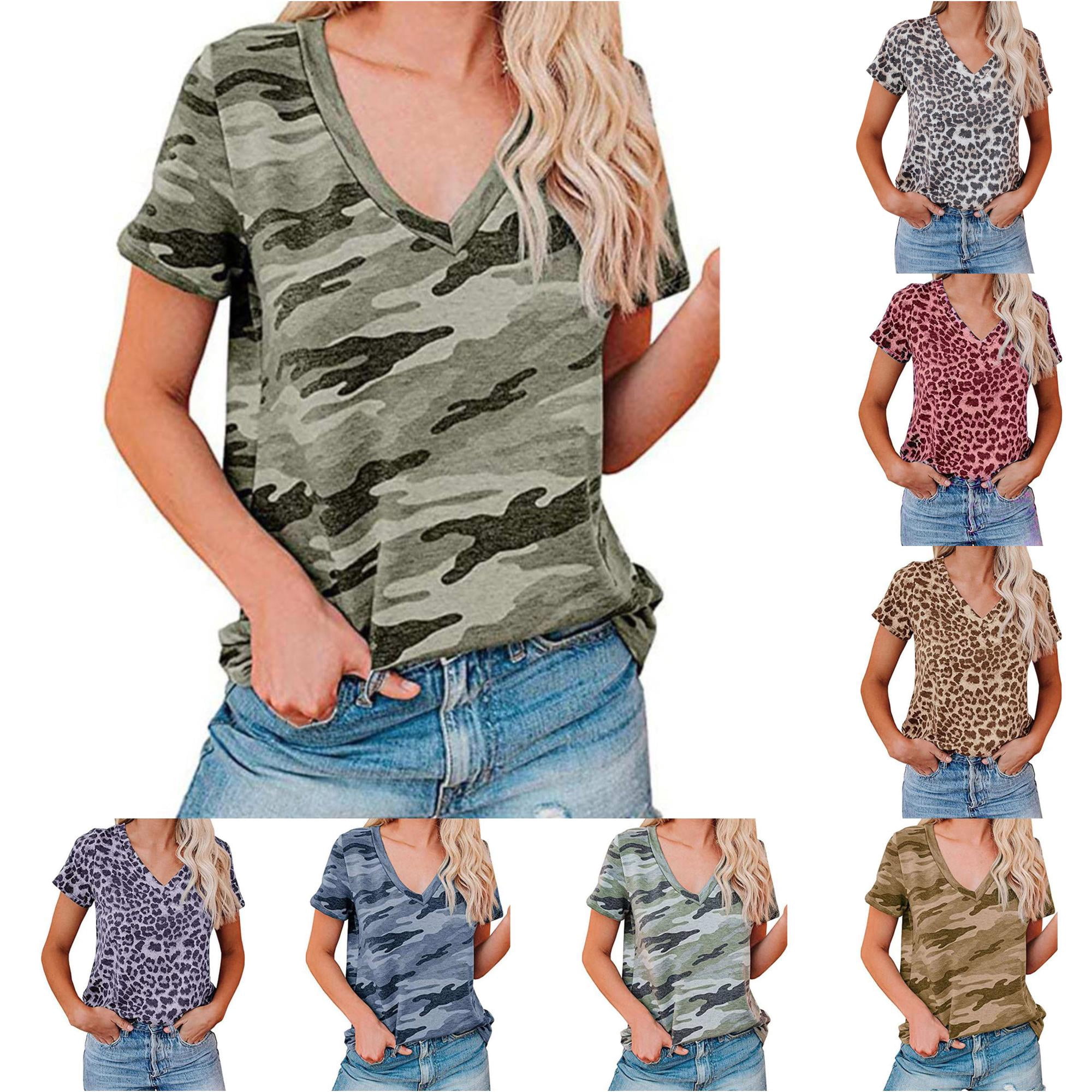 HCYSFG Women's Leopard Print Top V-Neck Short Sleeve Casual