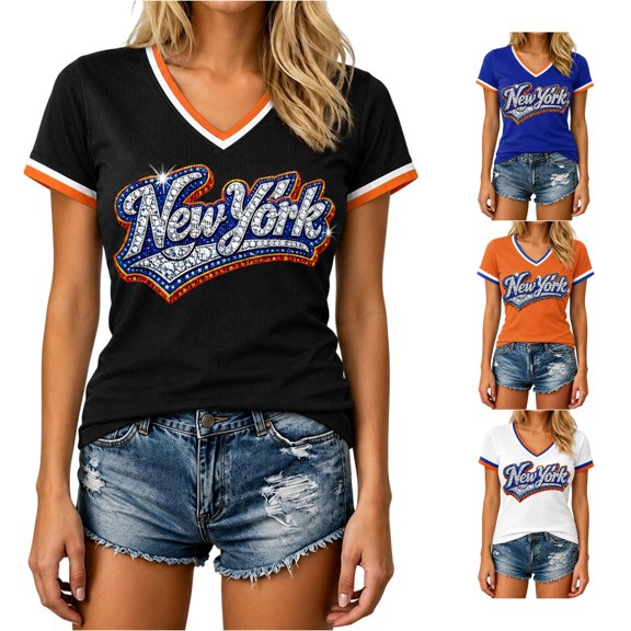 HCYSFG Women's New York Rhinestone Top Ladies Athletic Active Basketball V Neck T Shirt Summer Short Sleeve Sporty Textured Performance Fan Tee