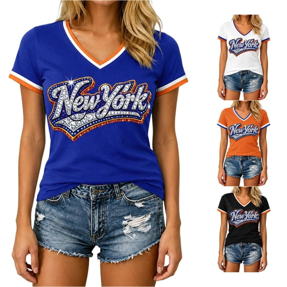 HCYSFG Women's New York Rhinestone Top Ladies Athletic Active Basketball V Neck T Shirt Summer Short Sleeve Sporty Textured Performance Fan Tee