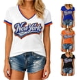 thumbnail image 1 of HCYSFG Women's New York Rhinestone Top Ladies Athletic Active Basketball V Neck T Shirt Summer Short Sleeve Sporty Textured Performance Fan Tee, 1 of 4