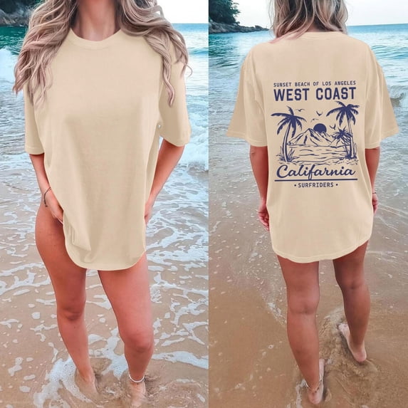 HCYSFG Women's Oversized Beach Graphic Tee Retro Loose T Shirt Summer Cotton Casual Vacation Blouse Tops for Women