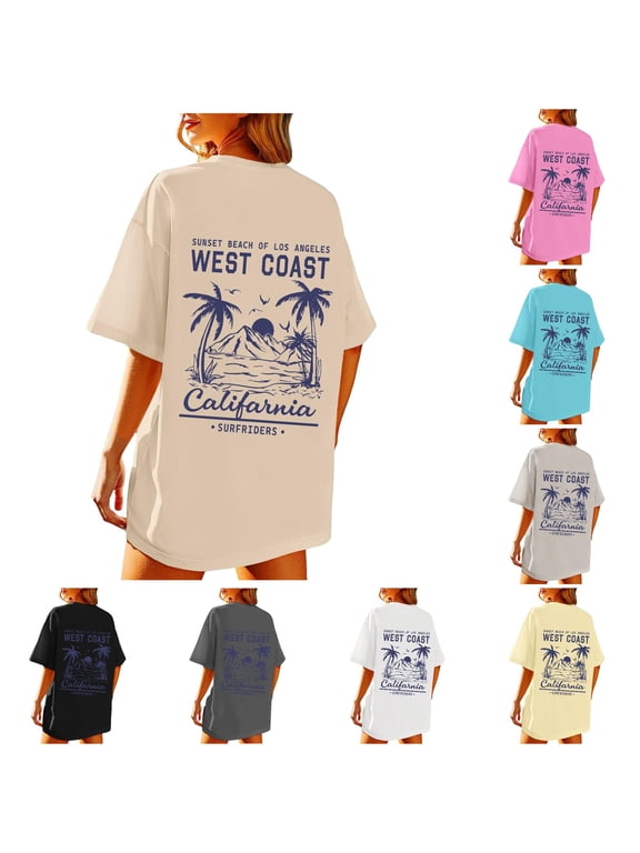 Women's Oversized West Coast California Top Short Sleeve Crewneck Beach Graphic Tee Retro Surf Summer Fashion Shirt