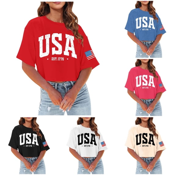 HCYSFG Women's Patriotic USA Graphic Top Short Sleeve Crewneck Cropped Fit Tee American Flag Summer Casual Fashion Shirt